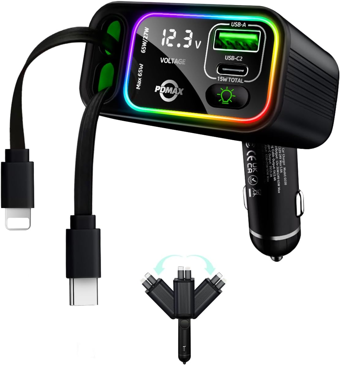 Retractable Car Charger USB C,145W Type C Car Charger Fast Charging with Dual Retractable USB C Cable and USB Ports for Iphone 17/16/15,S25/24/23/22, Pixel 9/8/7（Build-In Dual Type C Cable）