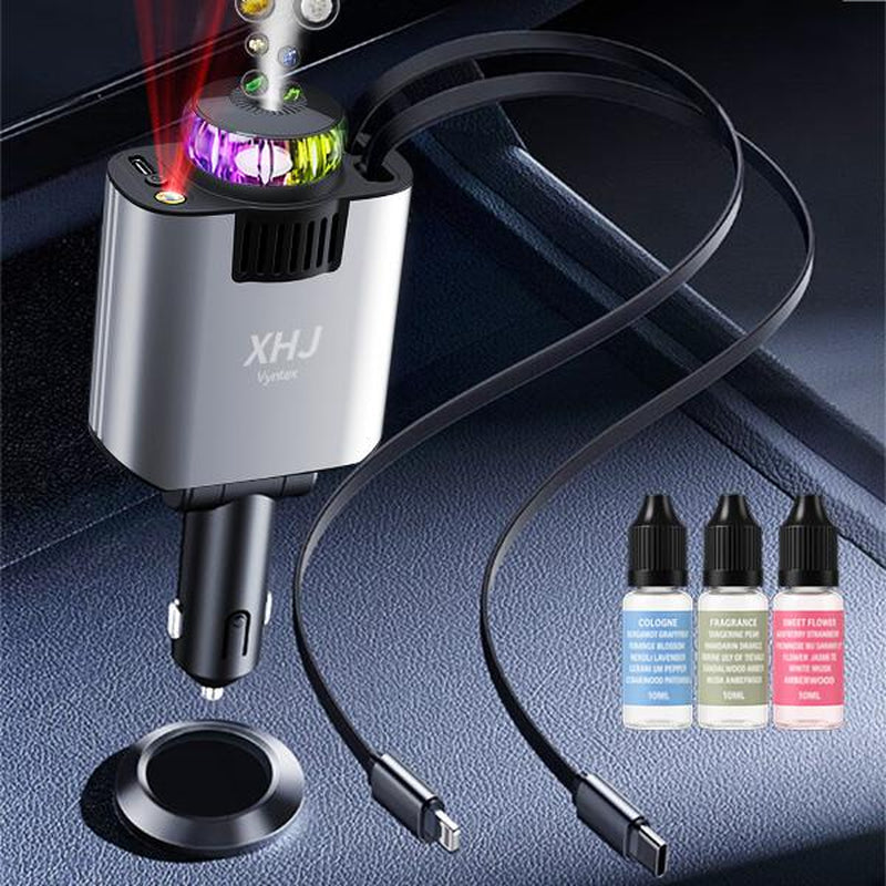 XHJ Starlight Car Air Freshener & Diffuser with Retractable Charger,Dual USB Ports Aromatherapy Freshener,Ambient Lighting,Complete Gift Set for Men,12-24V Compatibility